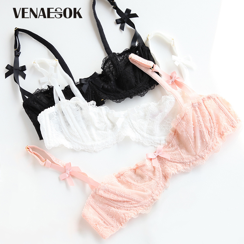 Embroidery Flowers Ultrathin Plus Size Bra Underwear White Women Transparent Lingerie Sexy Lace Bra Half Cup B C D Black 201202