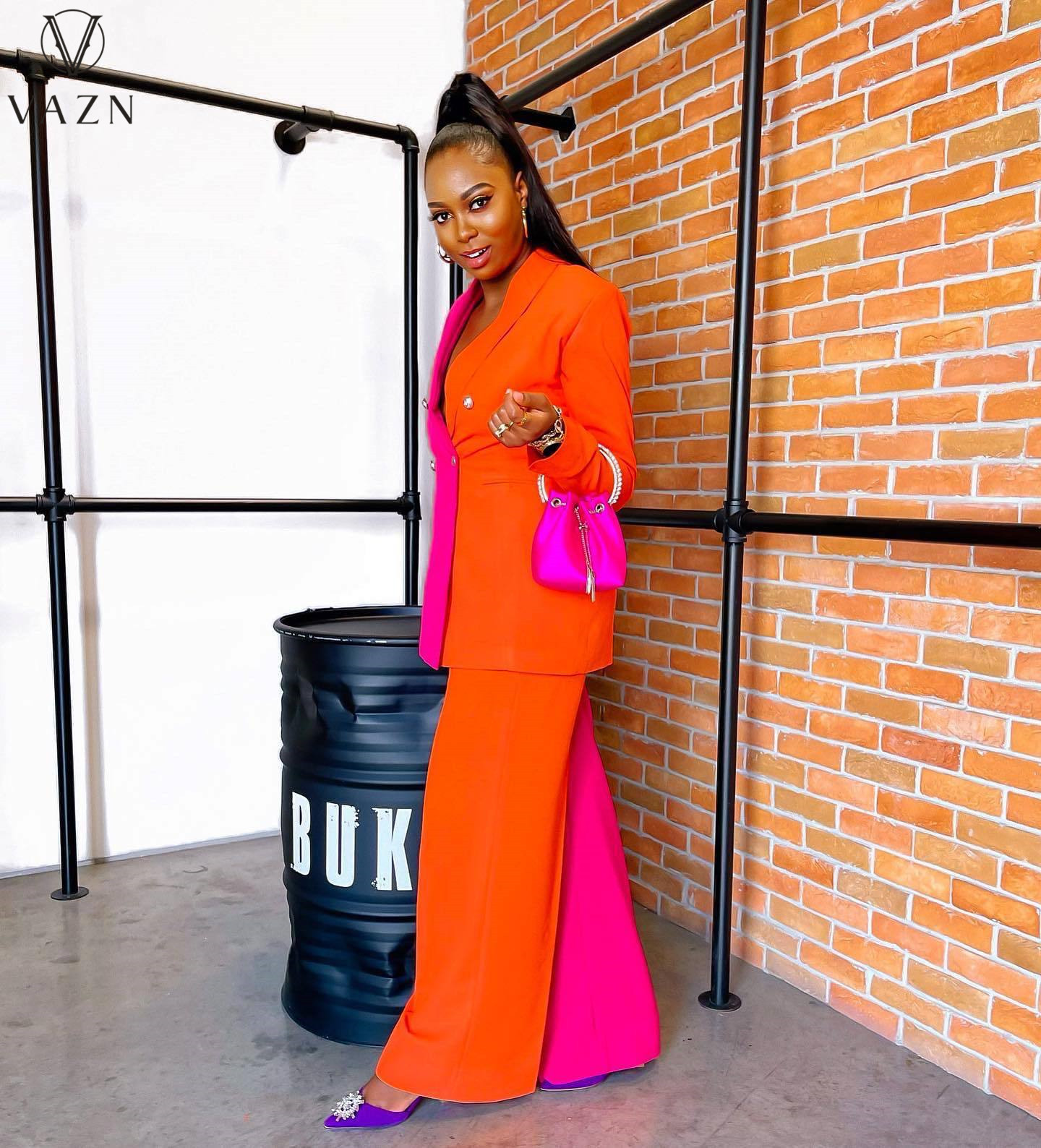 Modern Fuchsia And Orange Prom Dresses Pant Suit V Neck Long Sleeve Formal Party Gowns Double Buttons Evening Wear Special Occasion Outfit Color Match