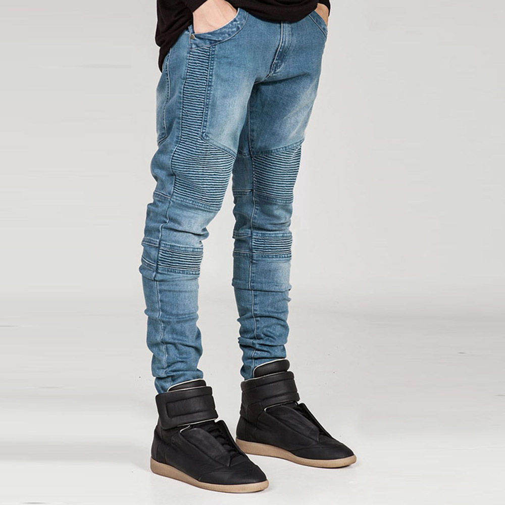 Black Motorcycle Biker Jeans Men Skinny Fit Denim Pants Hip Hop Men Stretch Denim Jeans homme Pencil Pleated Jeans TrousersQ30 201128