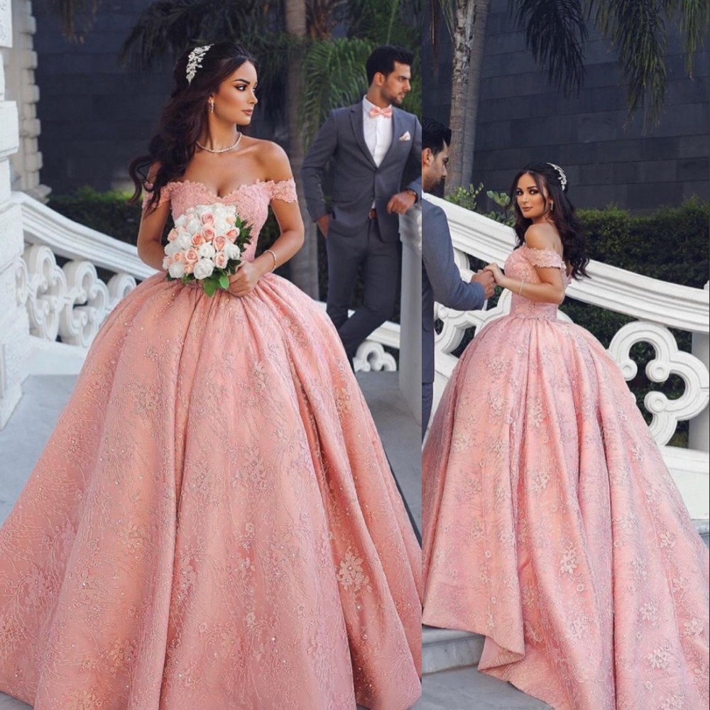 New Dubai Arabic Ball Gown Wedding Dresses Blush Pink Off Shoulder Full Lace Appliques Crystal Beaded Plus Size Formal Bridal Gowns