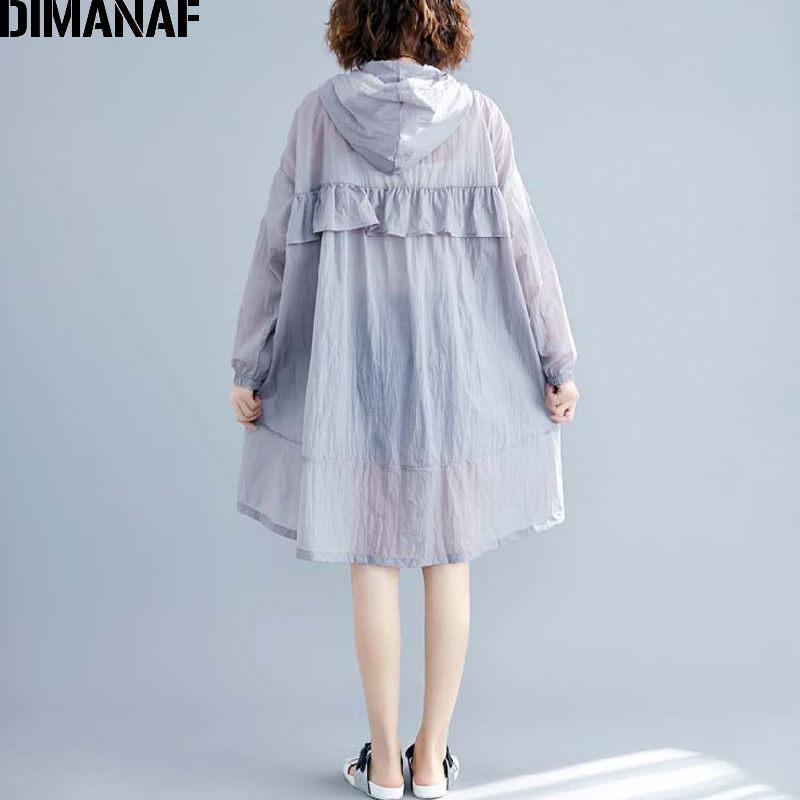 DIMANAF Summer Plus Size Jackets Coat Hooded Zipper Women Clothing Vintage Lady Ruffles Outerwear Loose Casual Pockets Cardigan 201029