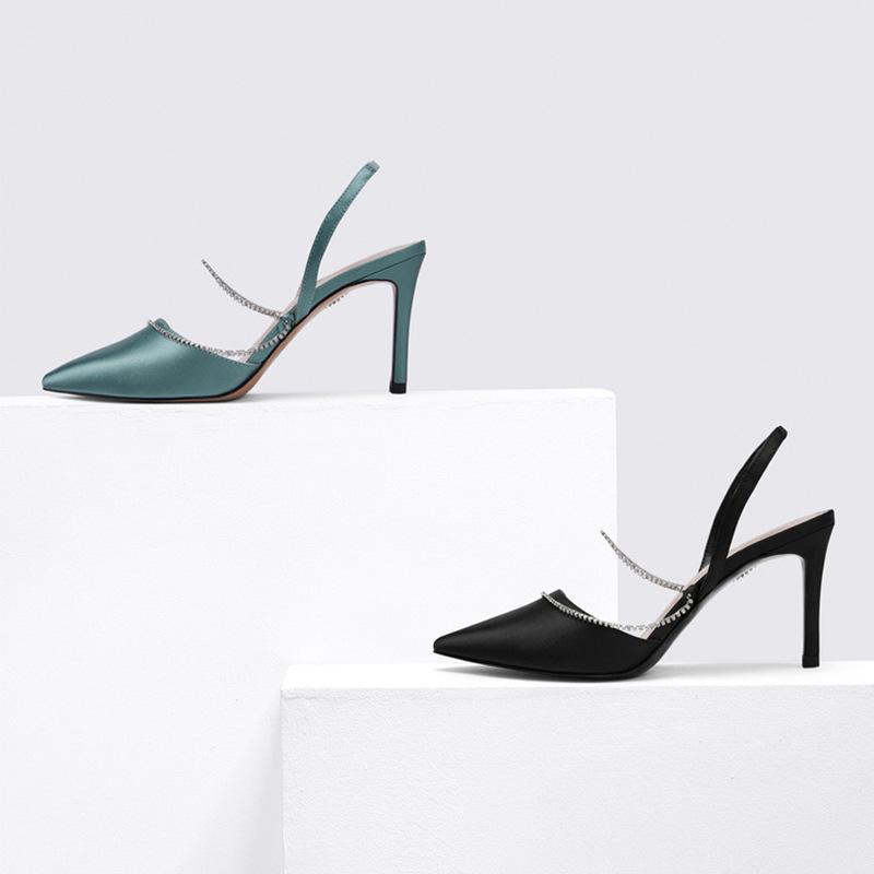 2021 Spring Green Silk pointed high-heeled women's Sandals slip-on with black rhinestone chain and backstrap Singles shoes
2021 Spring Green Silk pointed high-heeled women's Sandals slip-on with black rhinestone chain and backstrap Singles shoes