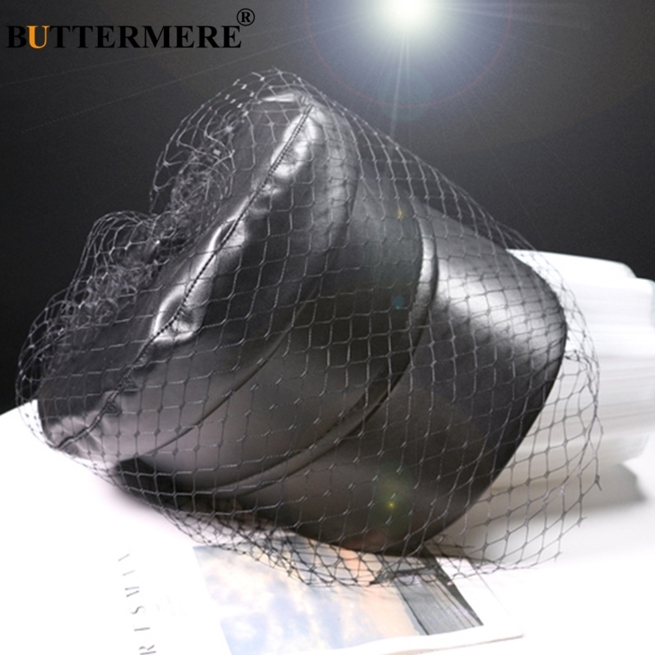 BUTTERMERE Leather Military Cap Women Black Captain Hat With Veil Elegant Solid Fiddler Cap Ivy Female Autumn Casual Sailor Caps Y