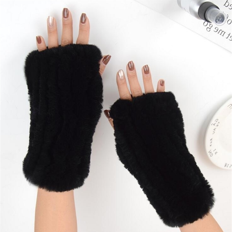 Women's 100% Real Genuine Knitted Rex Rabbit Fur Winter Fingerless warm soft Gloves Mittens Arm Sleeve 201021