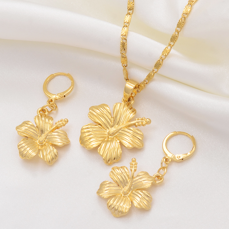 Anniyo Hawaiian Flower Jewelry Sets Pendant Necklaces Earrings Women Girls Gold Color Micronesia Guam Chuuk Kwajalein #213106 201222