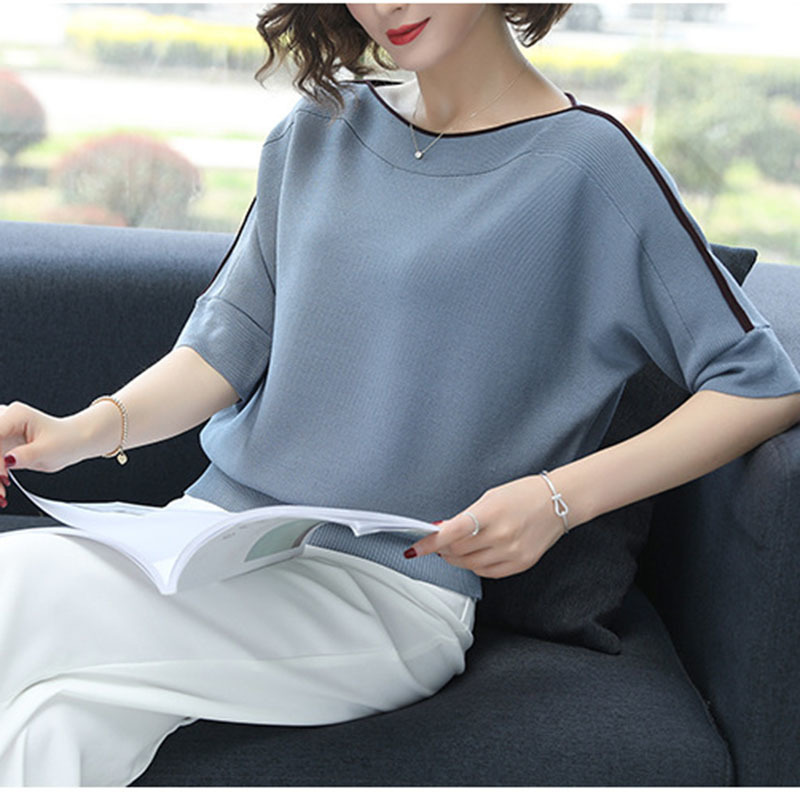Loose Autumn Half Sleeve Female Pullover Sweater Casual Blue Tops Women Plus Size Knitted Korea Sweaters Ladies Thin Pull Top 201030