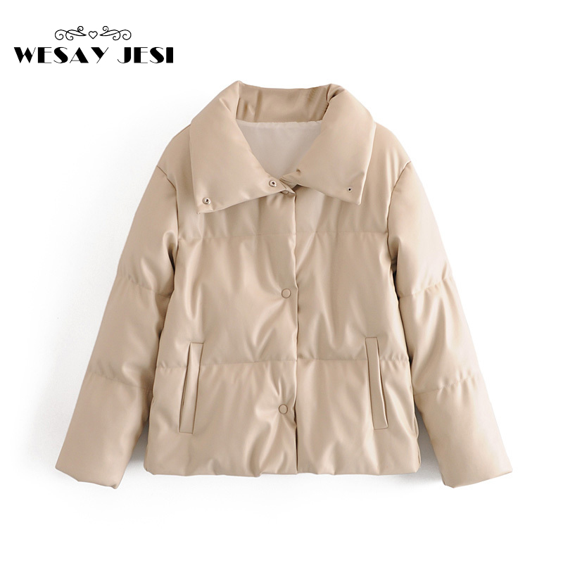 Women PU Leather Parkas Fashion High Street Solid Faxu Leather Coats Elegant Winter Thick Cotton Jackets Loose Outerwear 201019