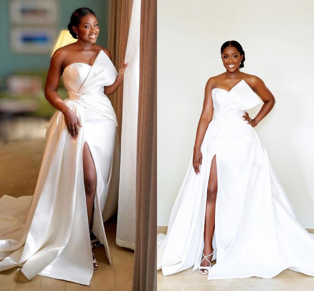 2021 Boho Satin A Line Wedding Dresses White Strapless Ruched Plus Size African Bridal Gowns Sexy Side Slit Marriage Vestidos De Novia, Ivory
2021 Boho Satin A Line Wedding Dresses White Strapless Ruched Plus Size African Bridal Gowns Sexy Side Slit Marriage Vestidos De Novia, Ivory