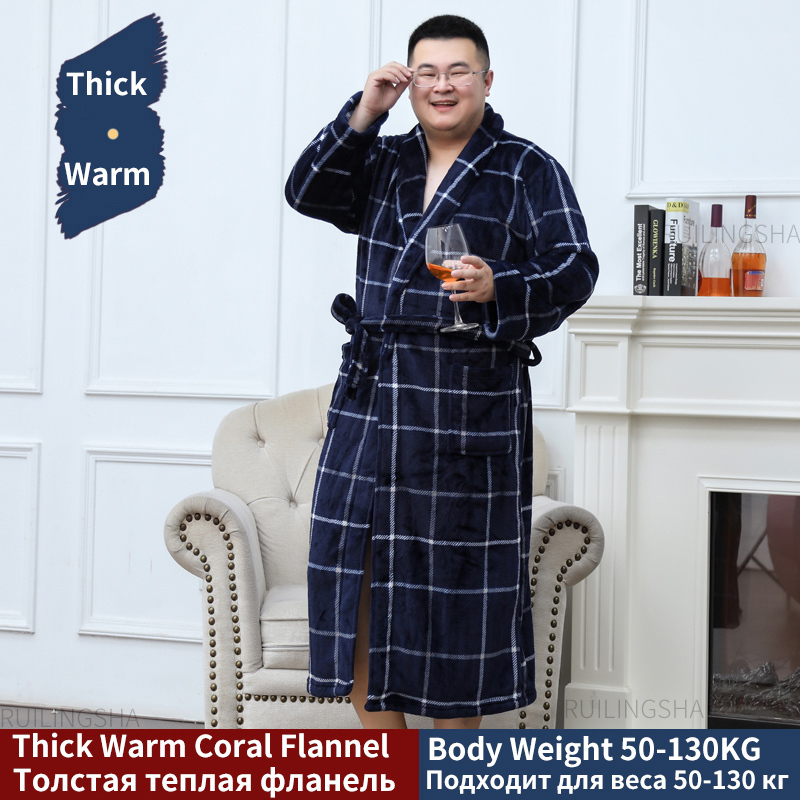 Men Plus Size Warm Flannel Bathrobe 40130 KG Men Winter Coral Fleece Bath Robe Night Sleepwear Women Dressing Gown Cozy Robes 201109