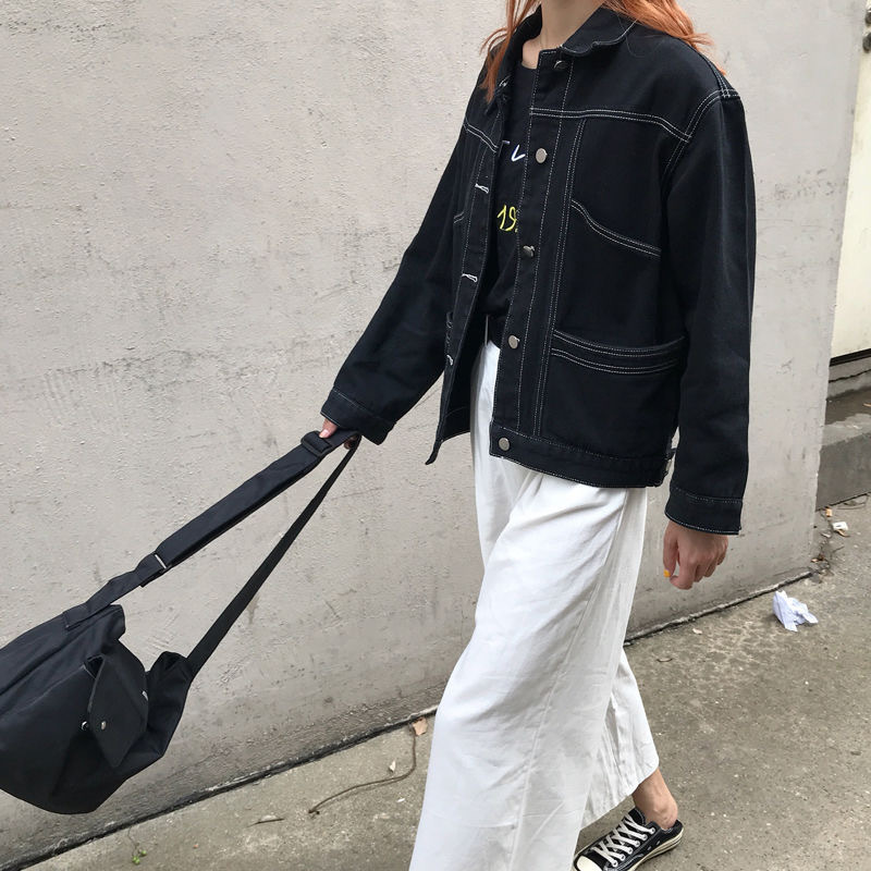 Denim Jackets for Women Fashion Black Single Breasted Button Casual Coat Autumn Korean Loose High Street Jean Outwear 201112