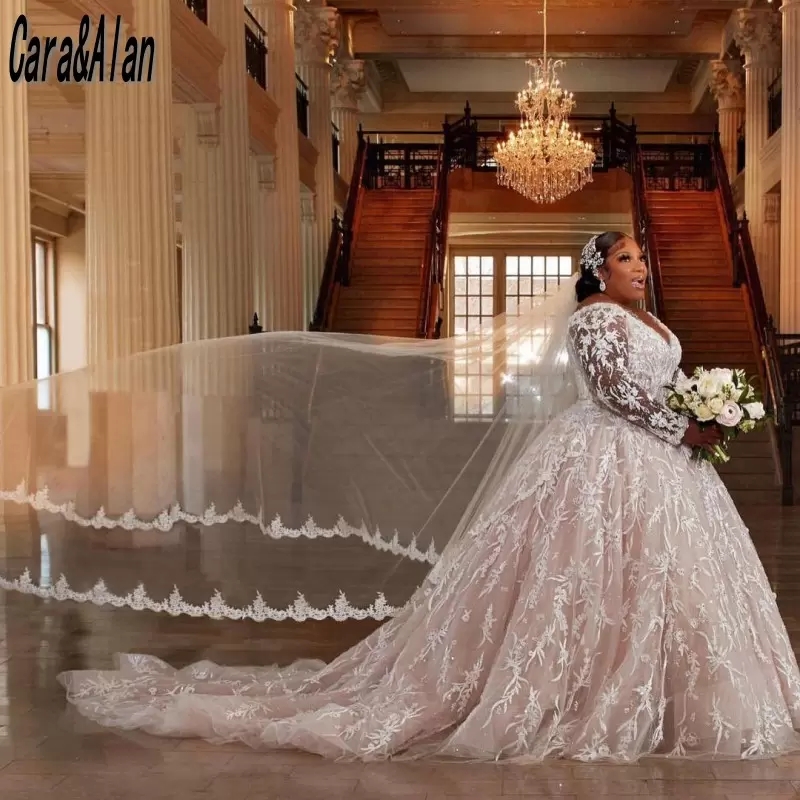 Champagne Plus Size Wedding Dresses Long Sleeves Bridal Gowns V Neck Beads Lace Applique Beach Custom Made Court Train Chic A Line