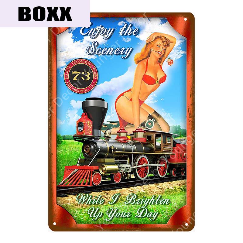 Vintage Pin Up Sexy Girl With Car Bus Truck Train Poster Sexy Lady Metal Signs Garage Home Wall Decor Living Bar Pub Club Retro Plate Size 30X20cm