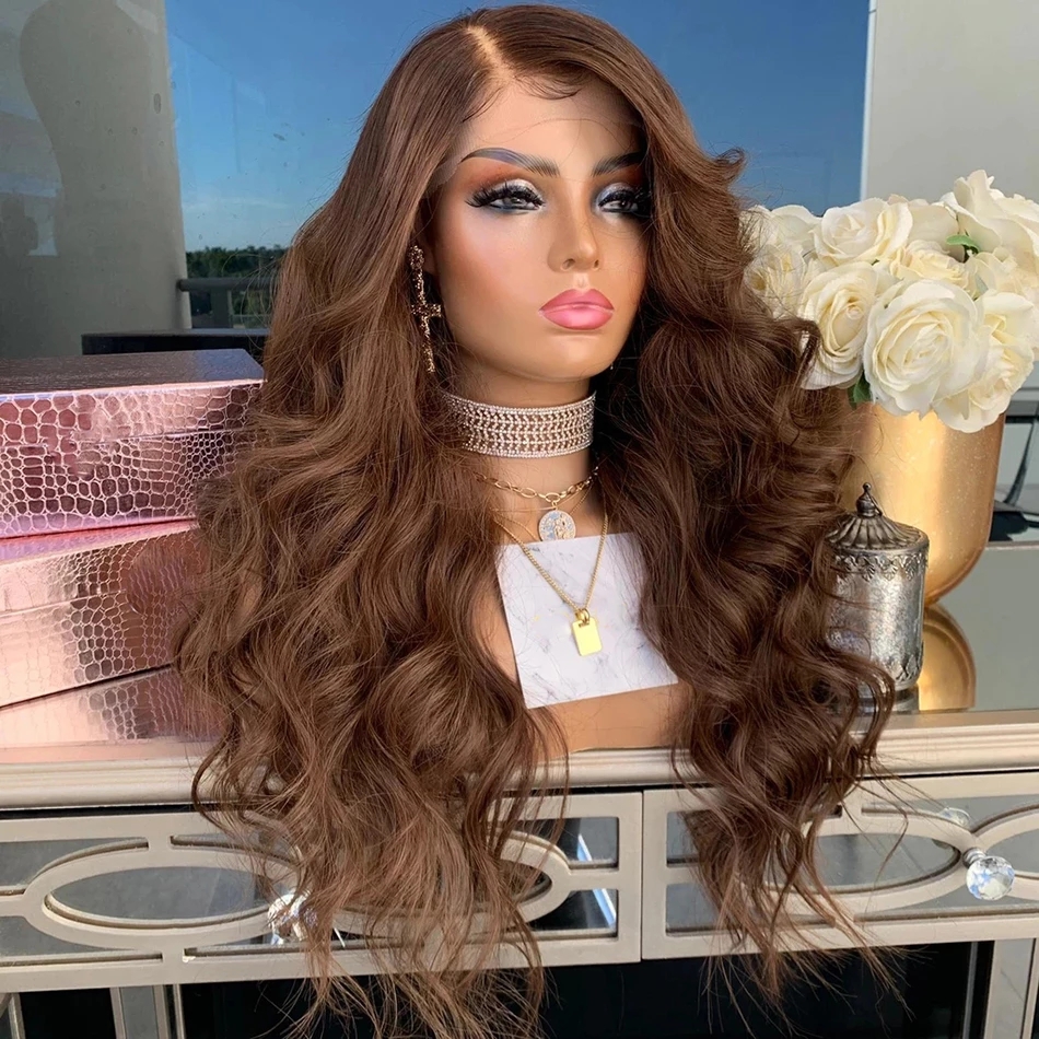 

Brazilian Dark Chestnut Brown 360 Frontal Human Hair Wigs 13X6 transparent Lace Front Wig Body Wave Remy Full laces for Women 180 Density Pre Plucke Bleach Knots, Ombre color