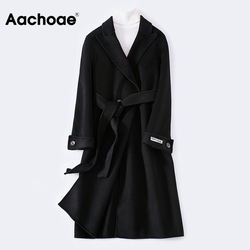 Aachoae Solid Color 100% Wool Long Coat Women Loose Casual Long Sleeve Sashes Outerwear Double Breasted Chic Ladies Overcoat 201112
