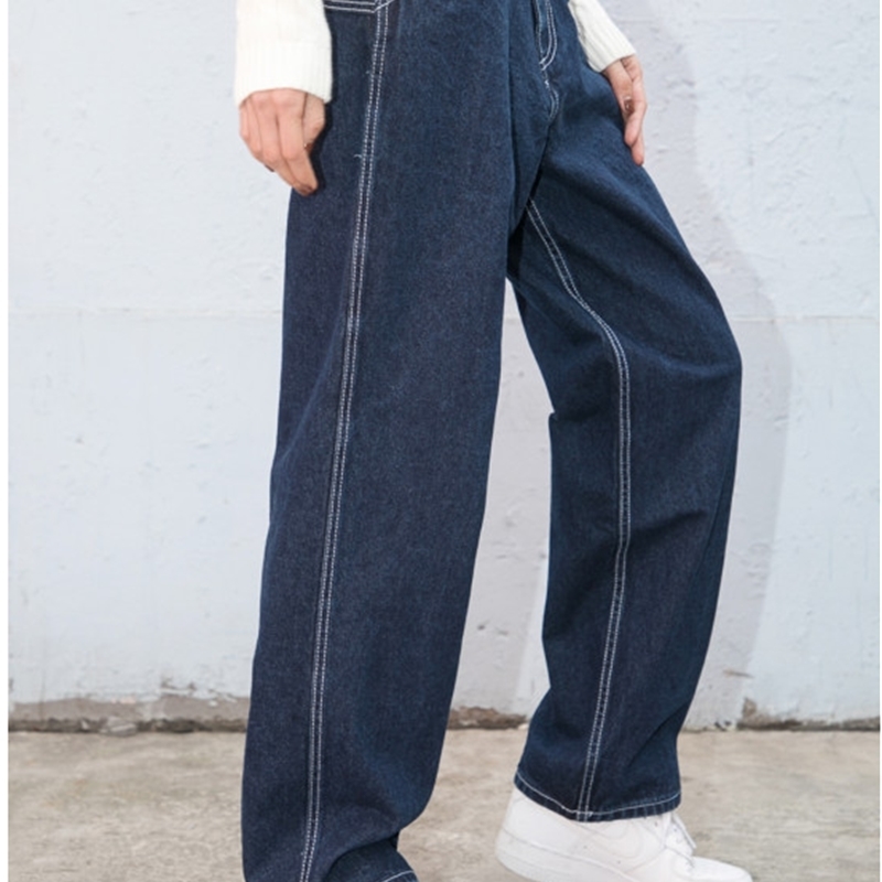 Women High Rise Straight Leg Jean Dark Wash Relaxed Fit Denim Pants 201106