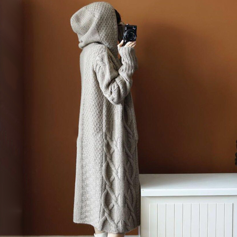 Lucyever Fashion Korean Twist Knitted Long Cardigans Women Loose Hooded Sweater Coat Woman Solid Casual Open Stitch Coats Mujer 201030