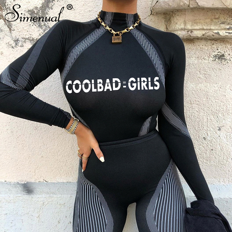 Women's Sporty Letter Print Patchwork Bodysuit: Stylish Activewear For Modern Lifestyles B4