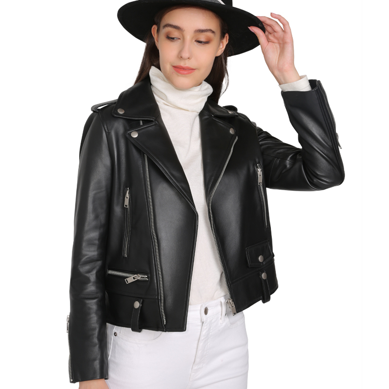 Spring Genuine Leather Jacket Women 2019 Fashion Real Sheepskin Coat Rivet Motorcycle Biker Jacket Female Sheep Leather Coat T200814