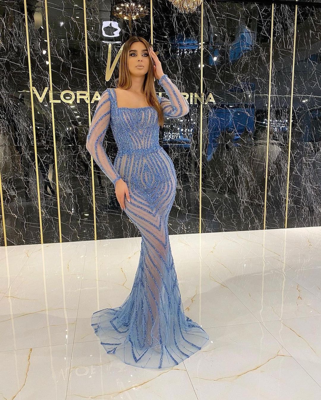 Luxury Design Evening Dresses With Detachable Train Long Sleeve Mermaid Prom Dress Glitter Sequins Square Neck Custom Made Robe De Soirée