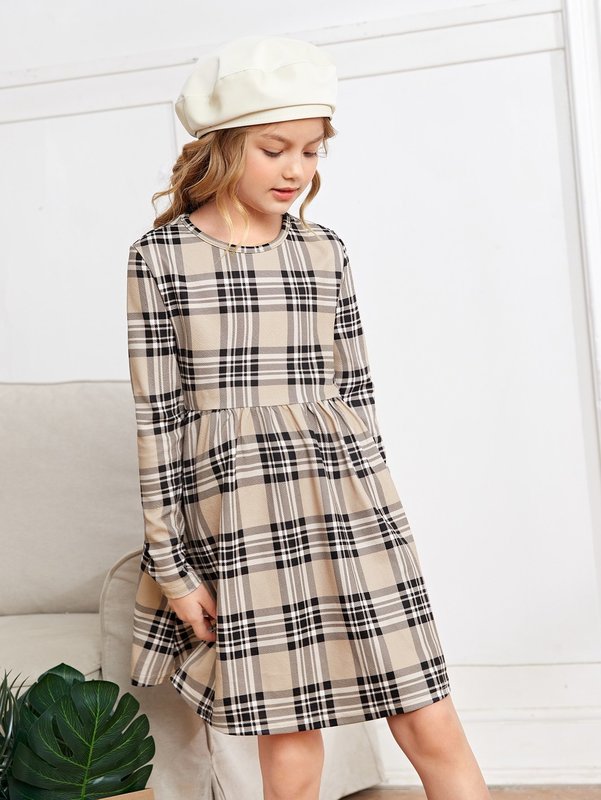 Girls Plaid Print Smock Dress SHE