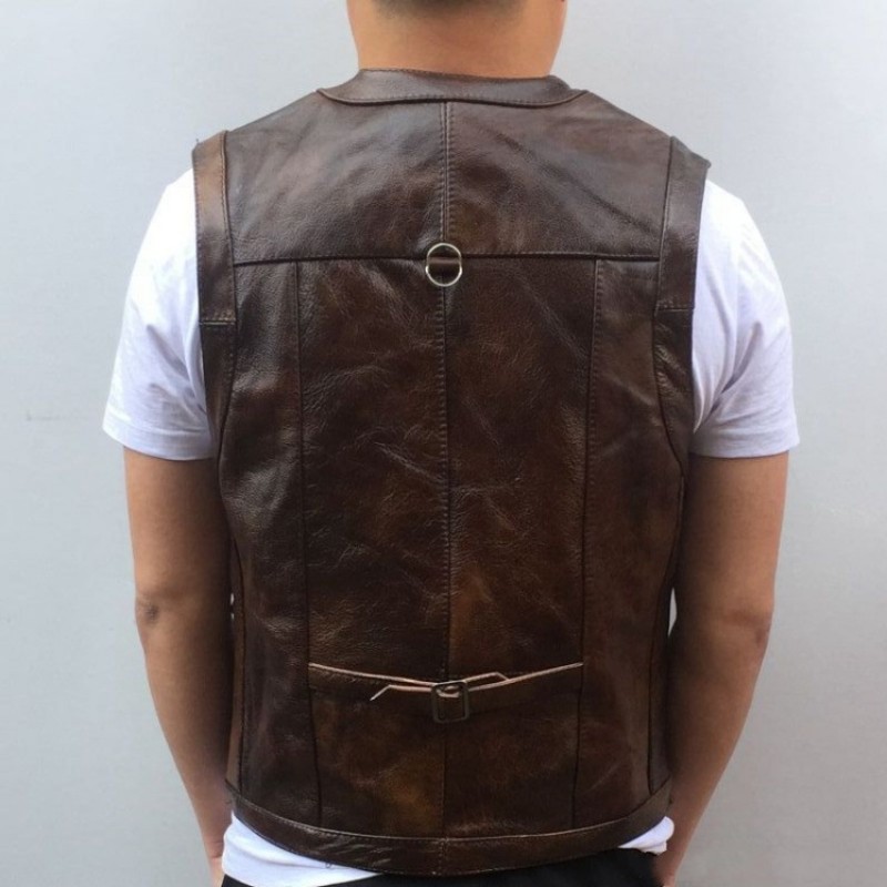 Cowhide Genuine Leather Vest Men Brown Waistcoat Male Sleeveless Jacket Thick High Quality Motorcycle Vest Multi Pocket Zipper 201216