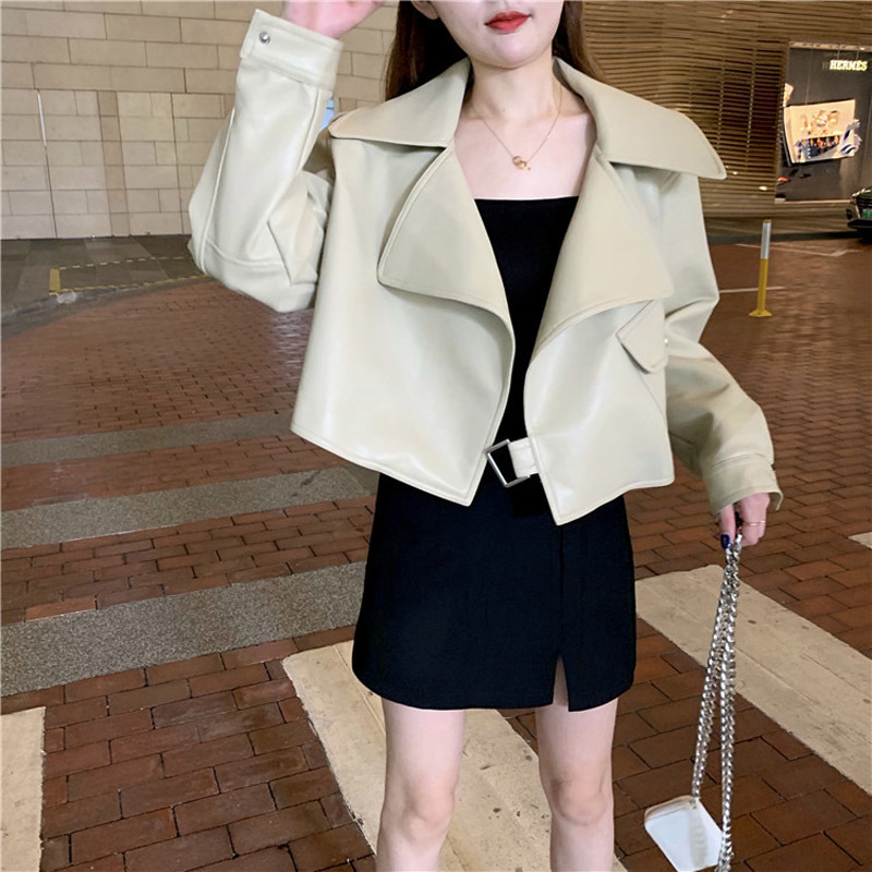 Women Outwear Jacket Pocket Beige Black Pu Faux Leather Notch Collar Moto Mobike Solid C0258 201030