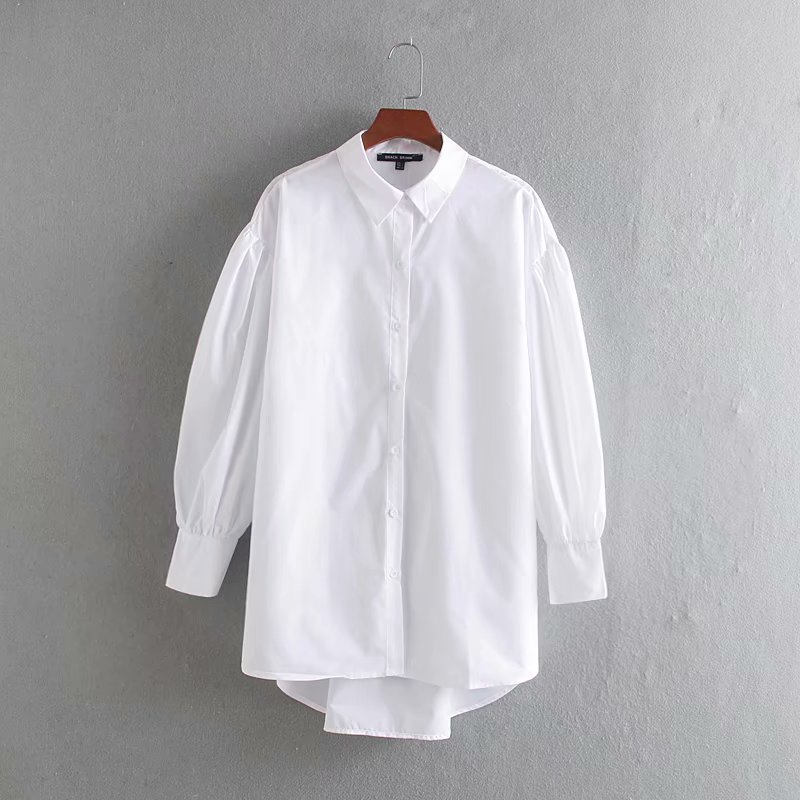 New Fashion Solid Color Women's Shirt Lapel Lantern Sleeve Seven-Sleeve Blouse Buttons Irregular Hem Long Casual Loose Shirt T200321