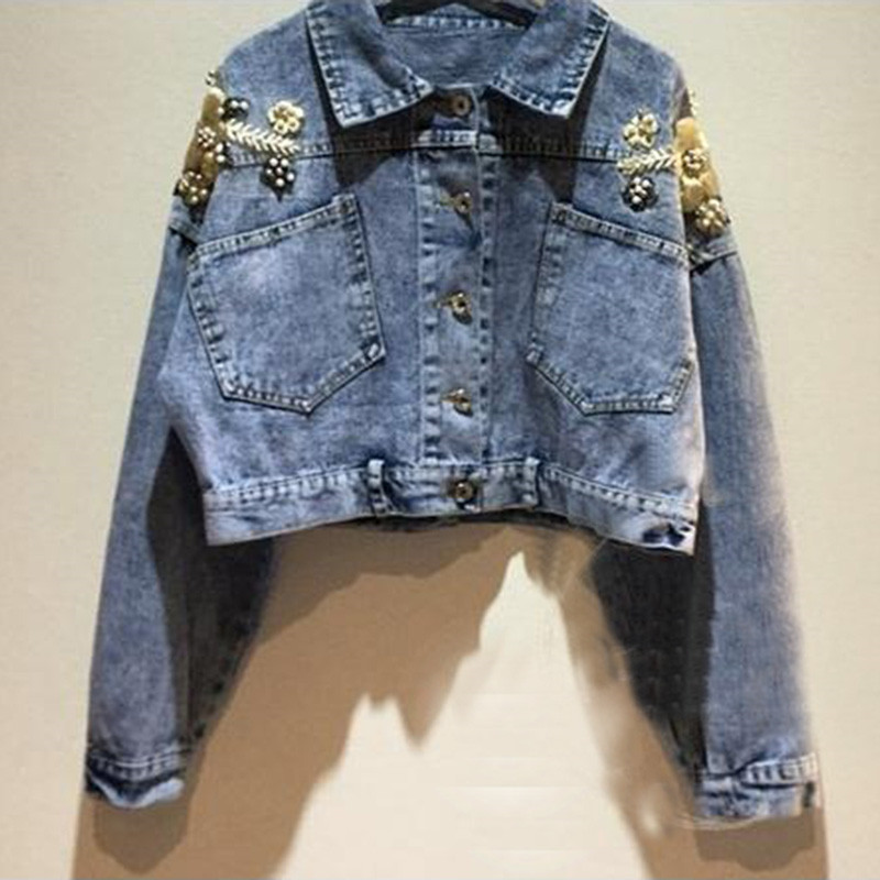 Women Embroidery Butterfly Pearl Bead Short Denim Coat Female Long Sleeve Loose Beading Sequin Jean Jacket Free Shipping 201023