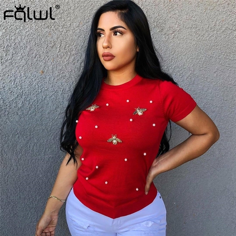 FQLWL Plus Size Women Short Sleeve Pearl Beading Tshirt Ladies Tee Tops Summer Solid Weekend Casual Fit Round Neck Basic T Shirt T200516