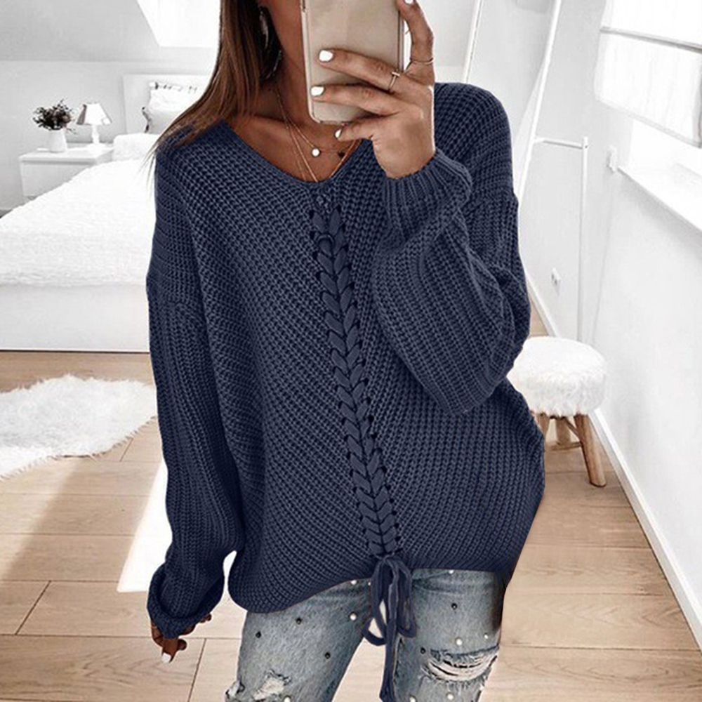 Laamei Lace Up Knitted Sweater Women Jumper Vneck Casual Autumn Winter Sweater Women Pullover Sweaters Ladies Pull Femme 201221