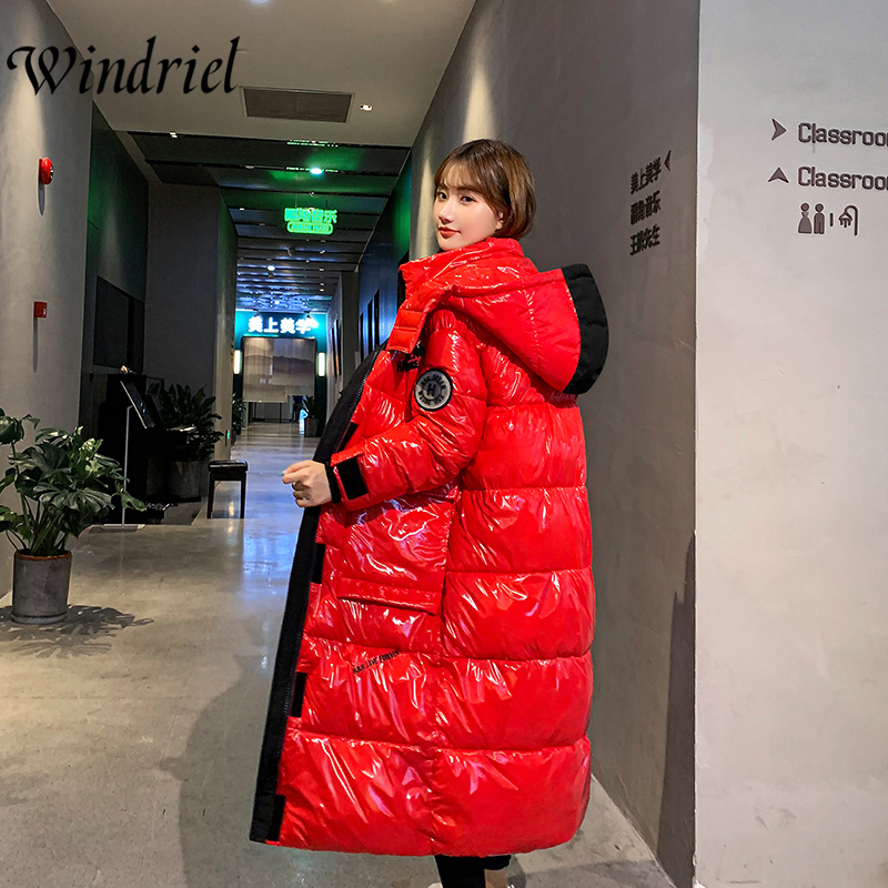Long Winter Jacket Thick Warm Winter Parkas Hooded Waterproof Winter Coat Women Fashion Letter Bright Wadded Jackets Windriel 201217