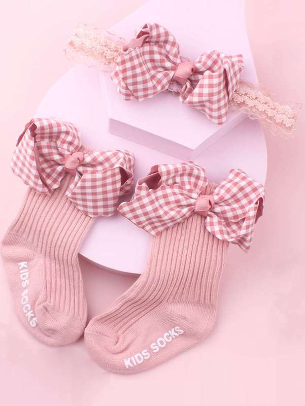 Baby Flower Pattern Bow Decor Hair Band & Socks SHE