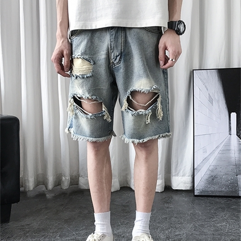 Men's Summer Denim Shorts Men's Fashion Casual Loose Short Jeans High Street Solid Color Hole Denim Shorts 201120