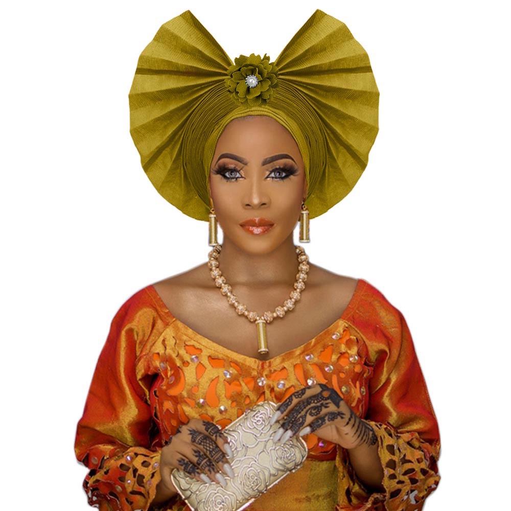 Fashion auto gele headtie African Nigerian women traditional aso oke autogele fan shape for wedding party
Fashion auto gele headtie African Nigerian women traditional aso oke autogele fan shape for wedding party