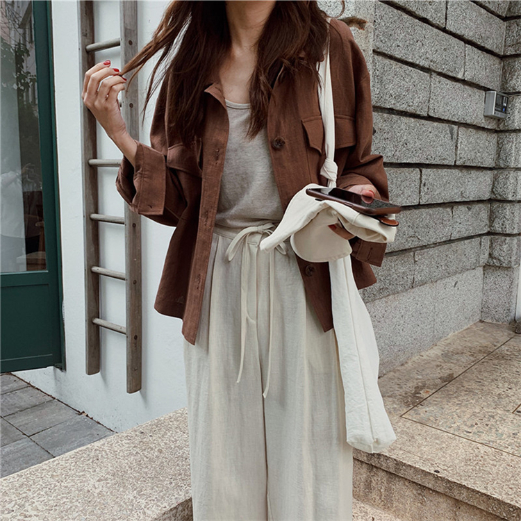 New Summer Fall Women Jacket Casual Pockets Cargo Oversize Cotton and Linen Wild Outerwear Split Buttons Short Tops JK8571 201017