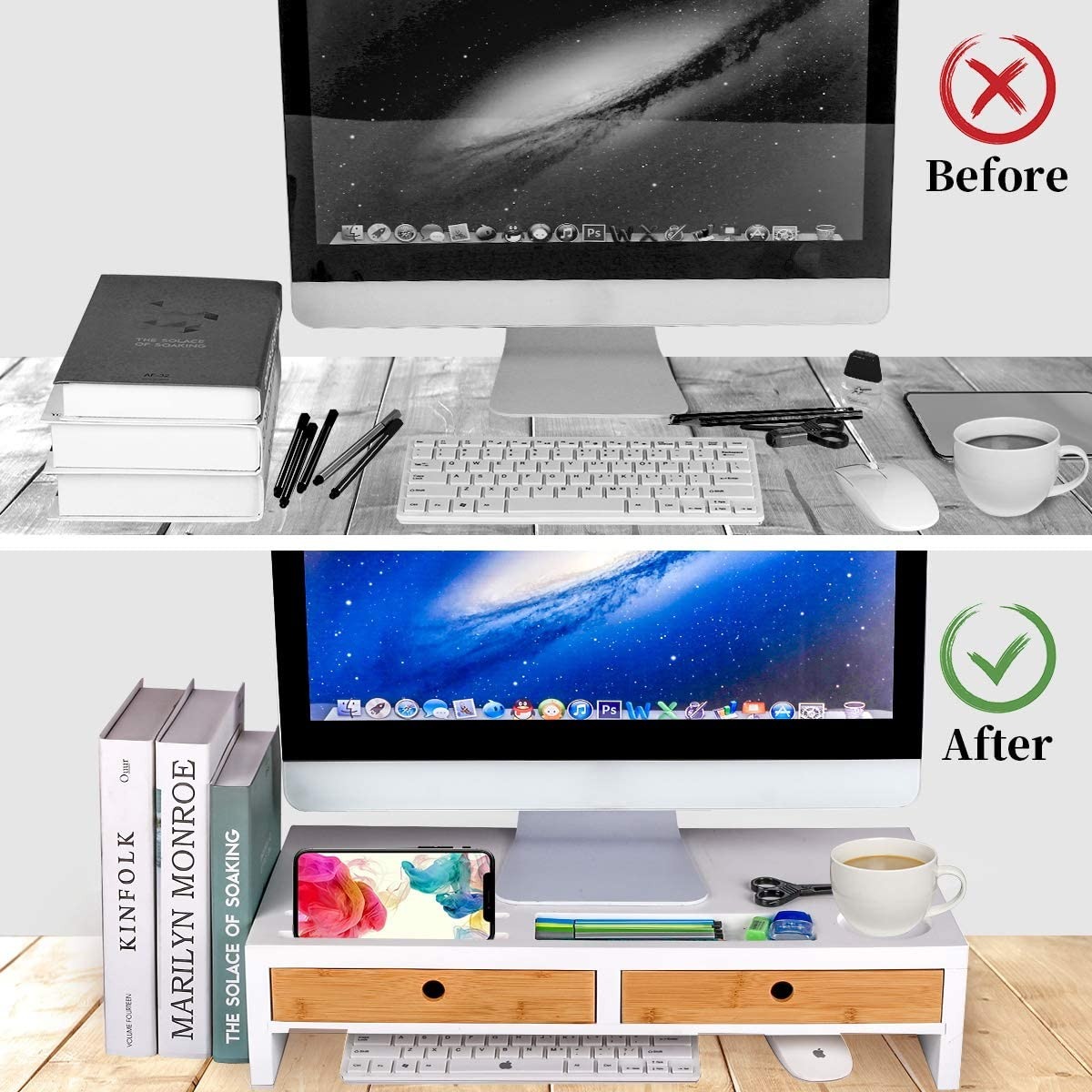 Monitor Stand Computer TV Riser with 2 Drawers & Desktop Organizer Laptop Printer Stand with Keyboard Storage Space for Home & Office