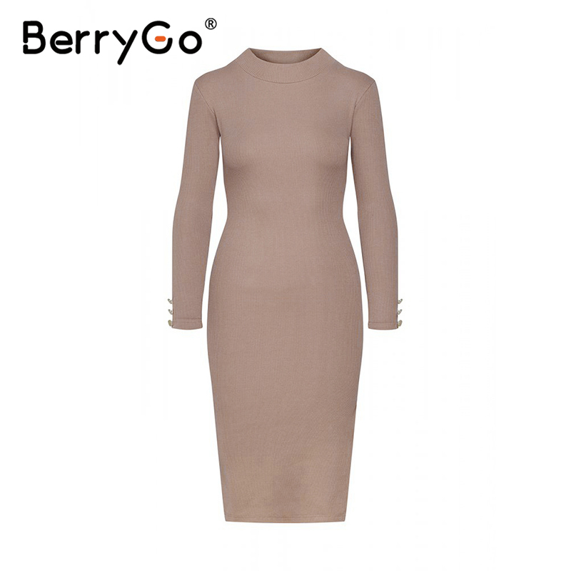 BerryGo Sexy silm women knitted dress Casual long sleeve female buttons sweater dress Fashion o neck autumn winter dress vestido 201125
