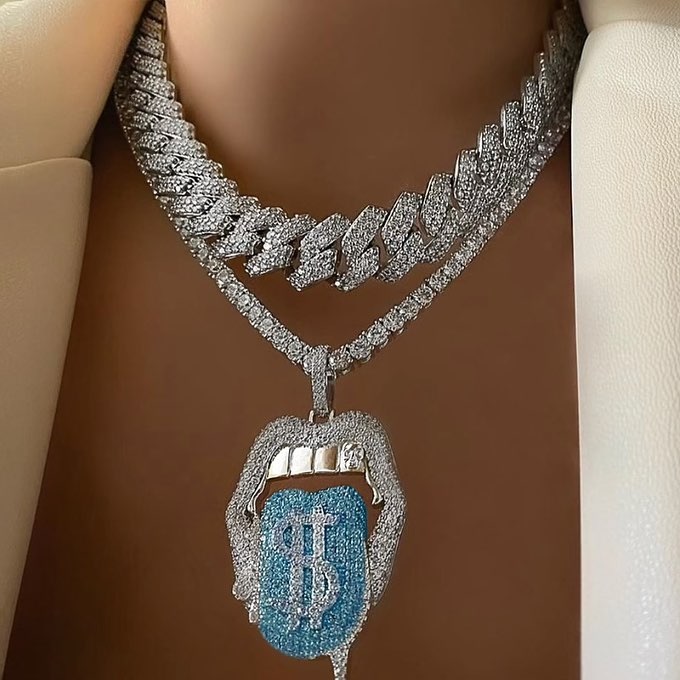 New All Hallows' Day Gift Jewelry For Women Iced Out Bling CZ Tennis Chain Tongue Pendant Drip Dollar Lip Necklace