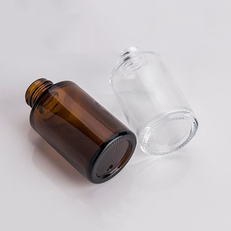 30ML Glass Bottle Flat Shoulder Frosted/Transparent/Amber Round Essential Oil Serum Bottles With Glasses Dropper Cosmetic Essence 3 Colors