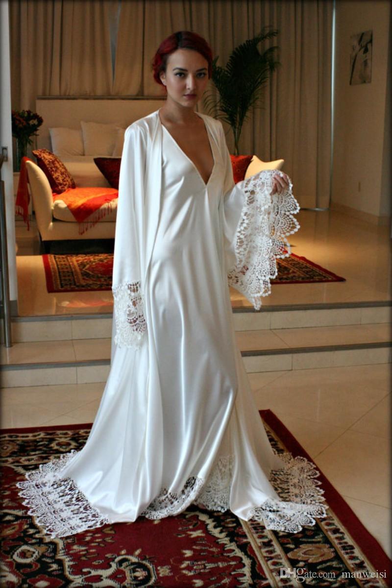 Two Pieces Bridal Sleepwear Robes Custom Made Silk Satin Bathrobe Wedding Party Robe For Women Floor Length Lace Nightgowns