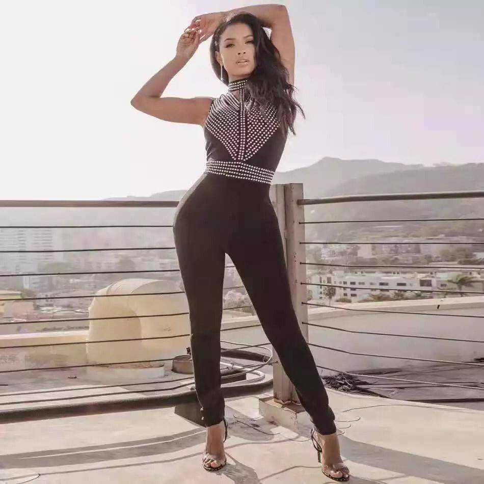 Autumn New Women Sleeveless Turtleneck Neck Bandage Jumpsuit Sexy Bodycon Beading Celebrity Party White Jumpsuits Vestidos T200509