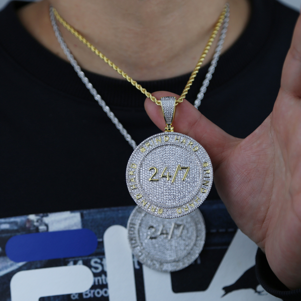 Drop ship hip hop penadnt Necklace with gold plated engraved Letter Grind Hard with Full Cubic zircon Paved Round Charm Punk styles Jewelry For Men Wo