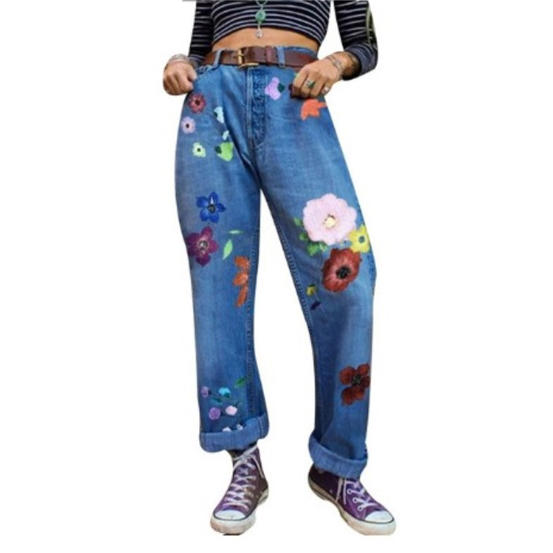Women's fashion printed flowers jeans thin washed denim trousers casual full length pants large size S5XL 201105