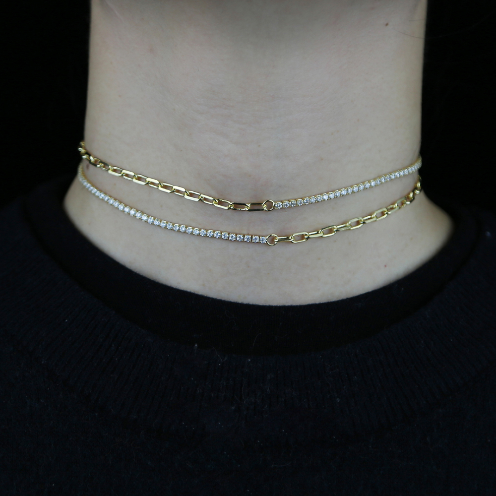 2024 new women chain adjusted size half cz tennis chain half paper clip chain simple necklaces valentines day gift