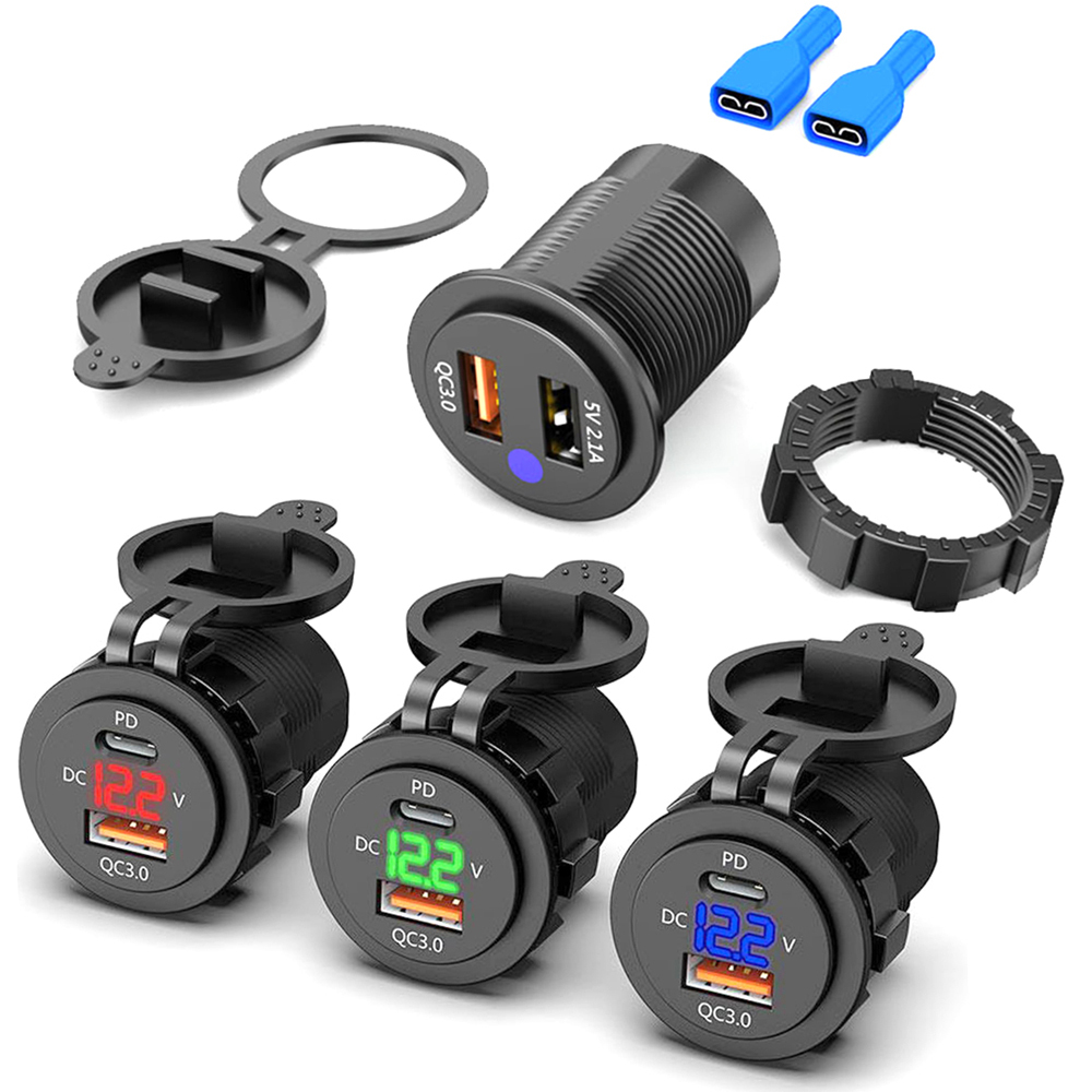 Charger QC 3.0 PD With LED Voltmeter Cable Chargers Socket Adapter Dual USB Universal Plug For 12-24V Car Motorcycles