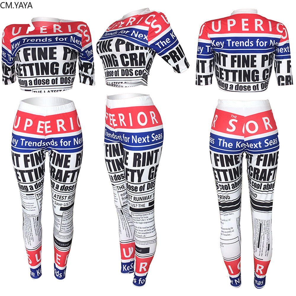 Women summer letter newspaper print short sleeve o-neck tee pencil pants suit two piece set sporty tracksuit outfit GLA8111 T200603
