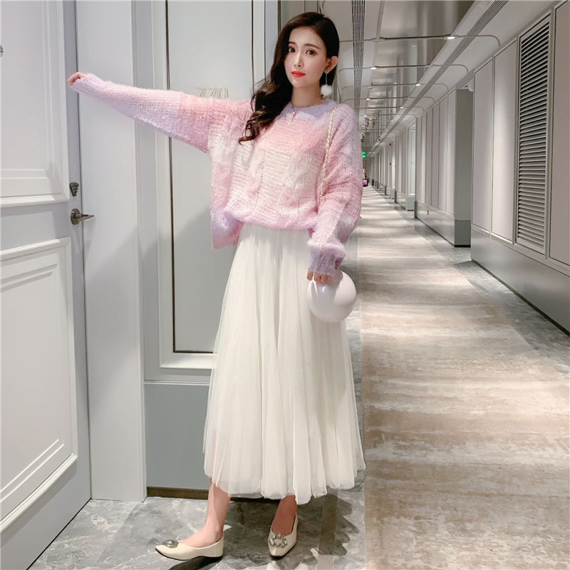 Rainbow Gradient Color Long sleeves Loose Oversized Sweater Spring Knitted Sweaters Thin Women Sweaters And Skirts 1623A 201221