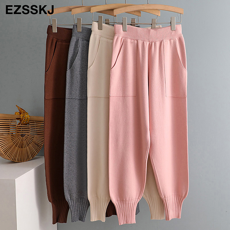 chic autumn winter chic Harem Pants Women Loose Trousers female Knitted Pants knit Trousers With Pockets Radish pants 201113