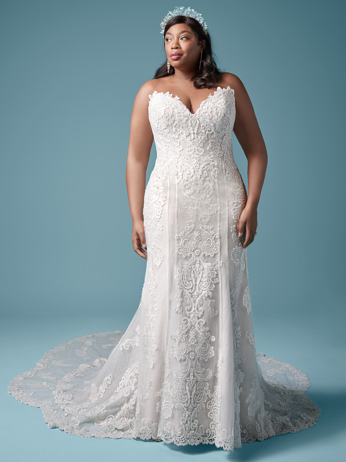 Size Fabulous Plus Lace Mermaid Wedding Dresses With Wrap Sweetheart Neck Covered Buttons Back Bridal Gowns Sweep Train Robe De Marie