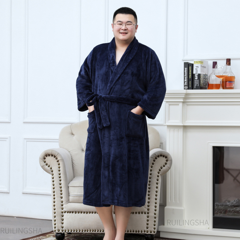 Men Plus Size Warm Flannel Bathrobe 40130 KG Men Winter Coral Fleece Bath Robe Night Sleepwear Women Dressing Gown Cozy Robes 201109